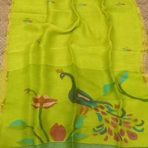 Linen Silk Saree with Peacock Jamdani Motifs