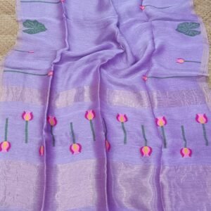 Handloom Silk Linen Saree with Floral Motif & Woven Border