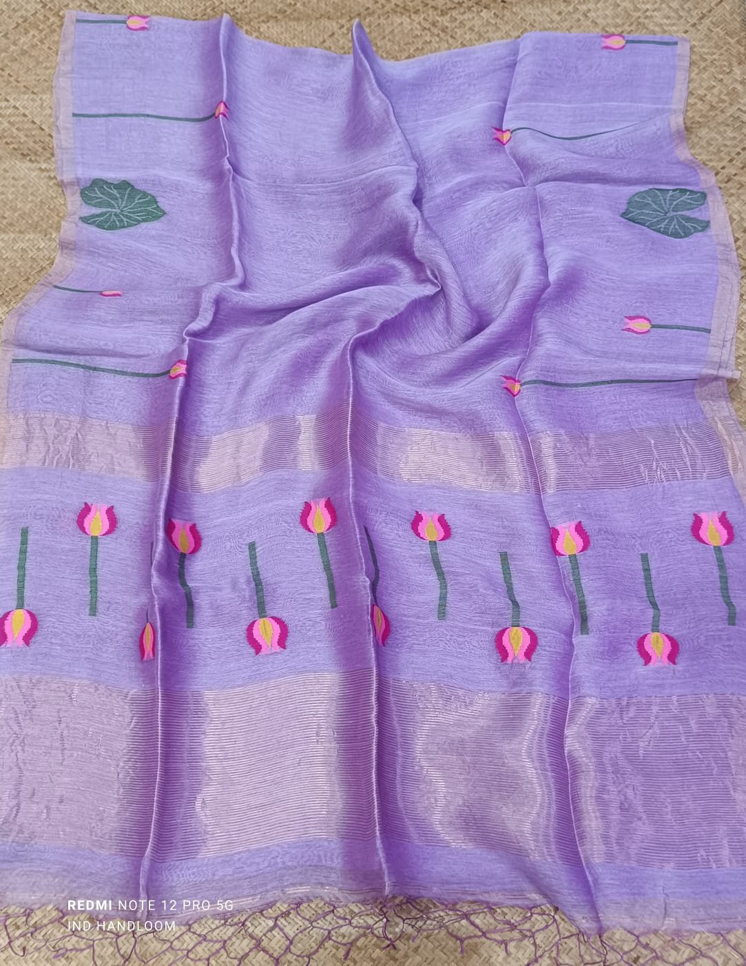 Handloom Silk Linen Saree with Floral Motif & Woven Border