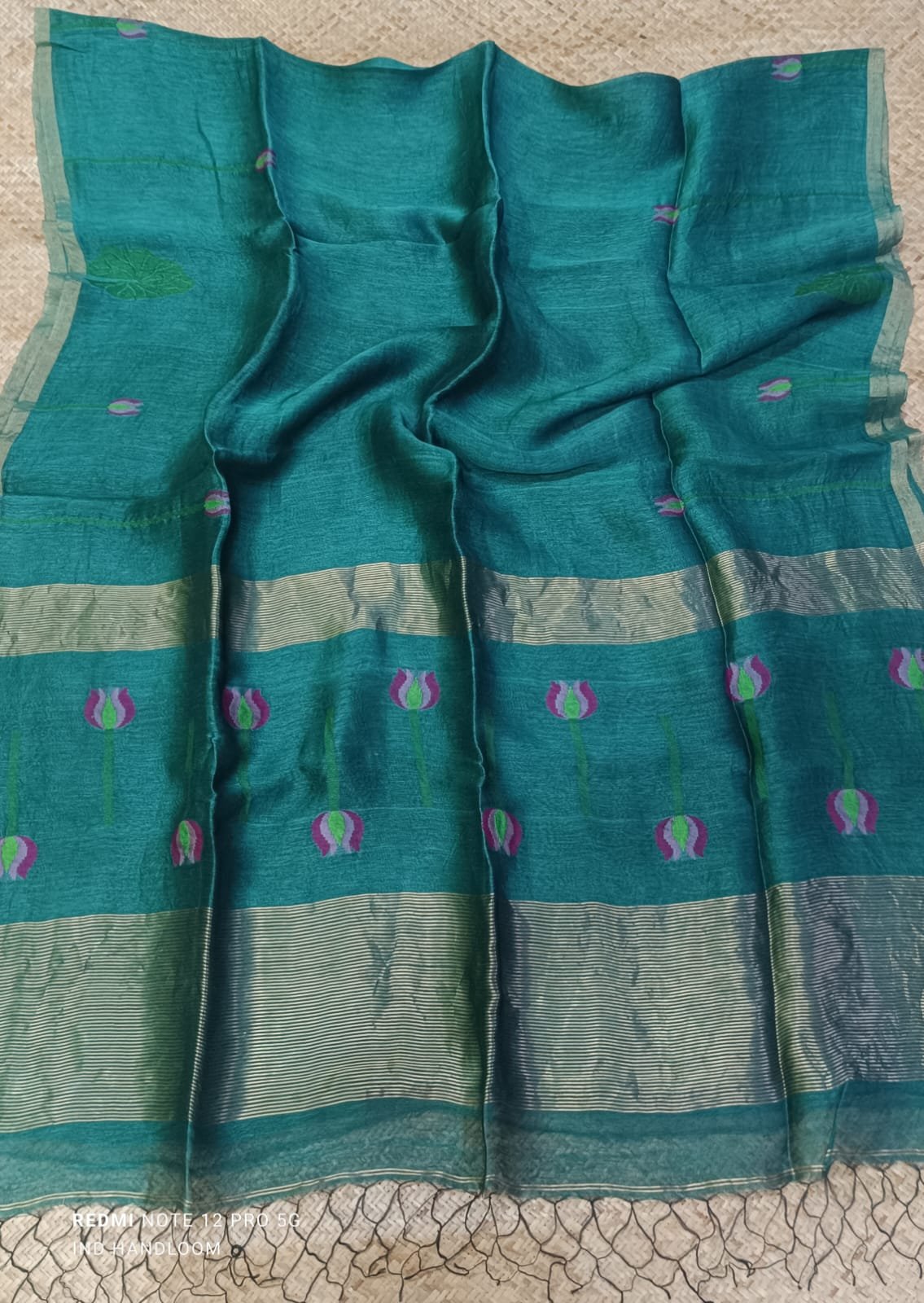 Handloom Silk Linen Saree with Floral Motif & Woven Border - Image 3