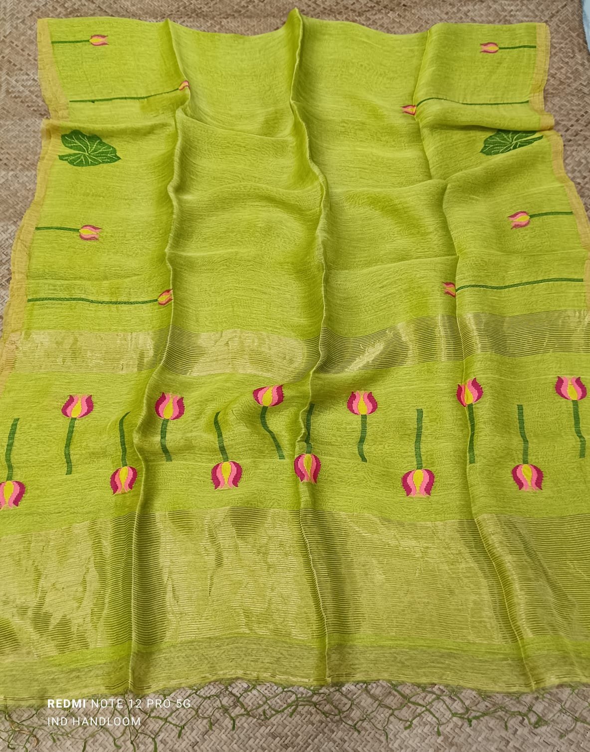 Handloom Silk Linen Saree with Floral Motif & Woven Border - Image 4