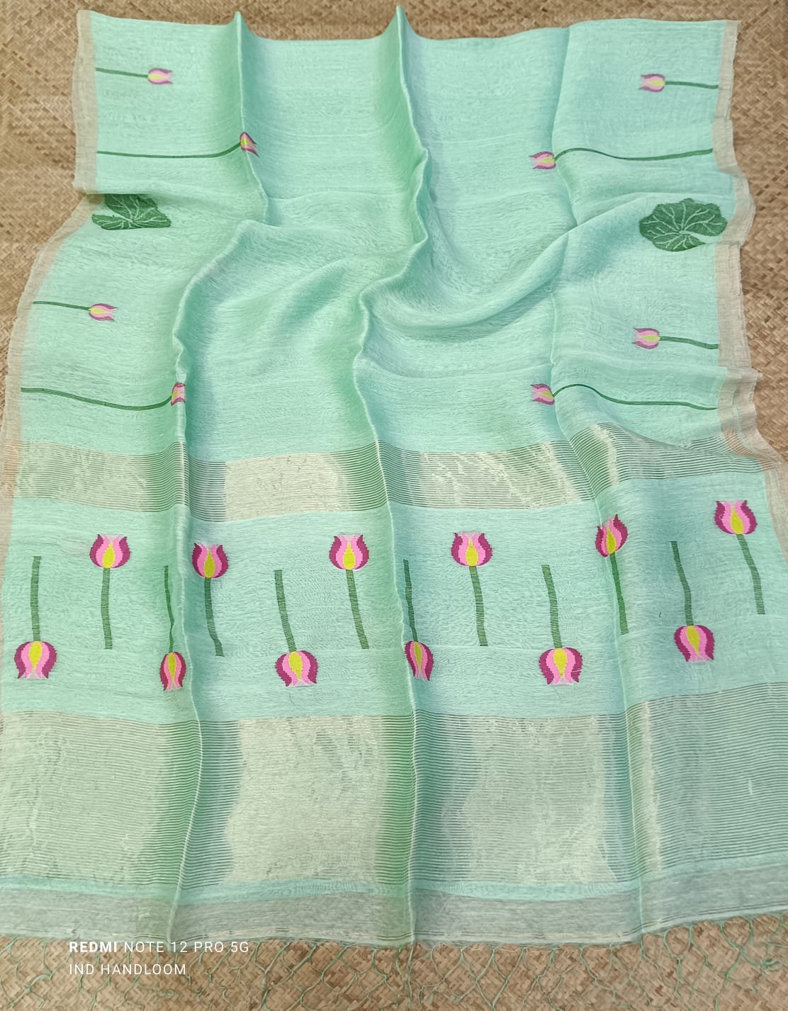 Handloom Silk Linen Saree with Floral Motif & Woven Border - Image 5