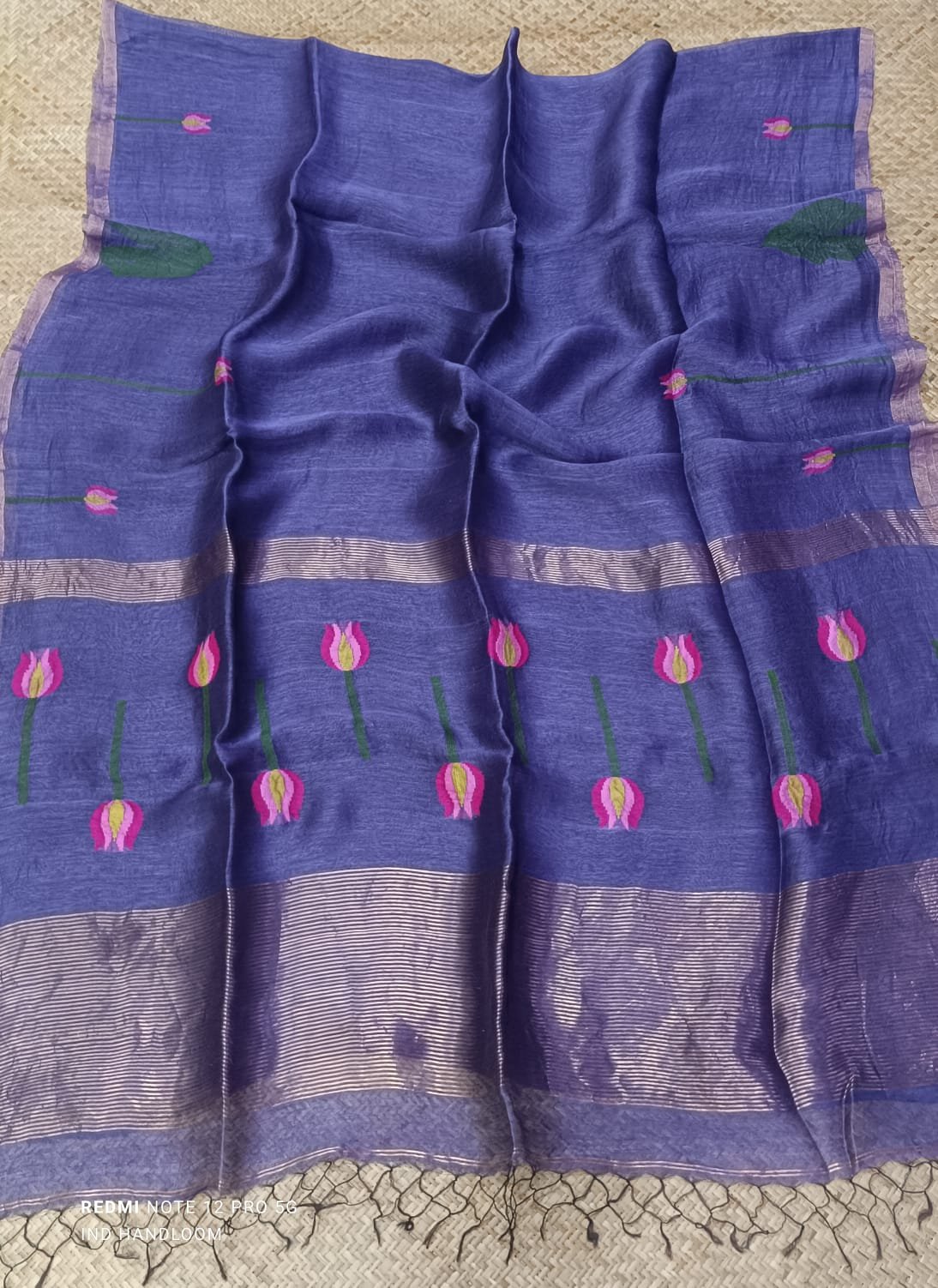 Handloom Silk Linen Saree with Floral Motif & Woven Border - Image 6