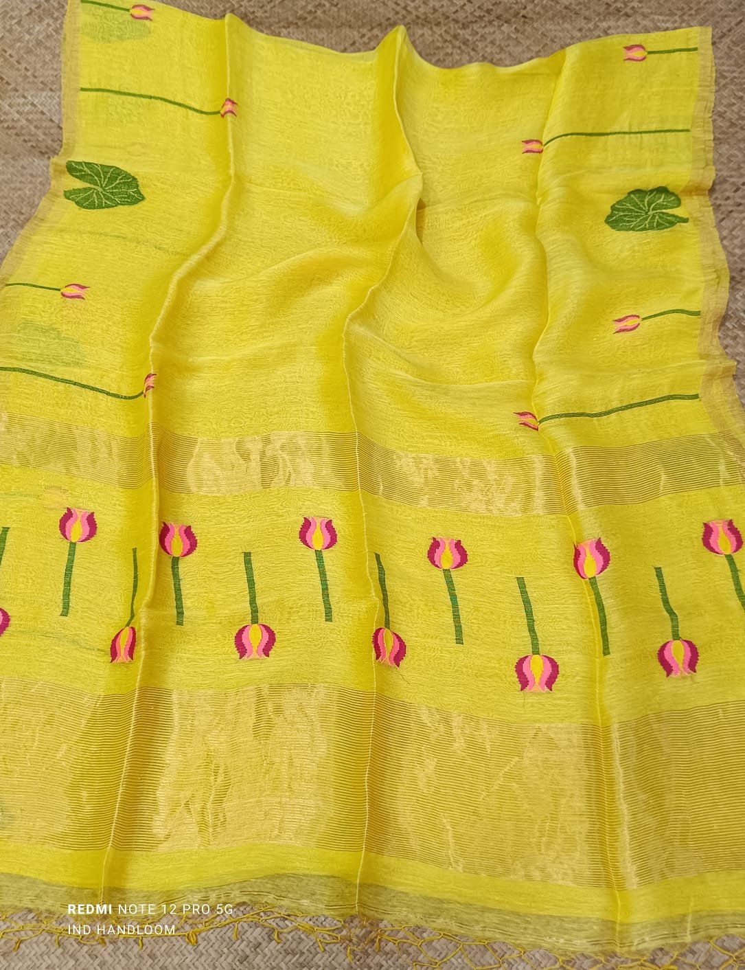 Handloom Silk Linen Saree with Floral Motif & Woven Border - Image 7