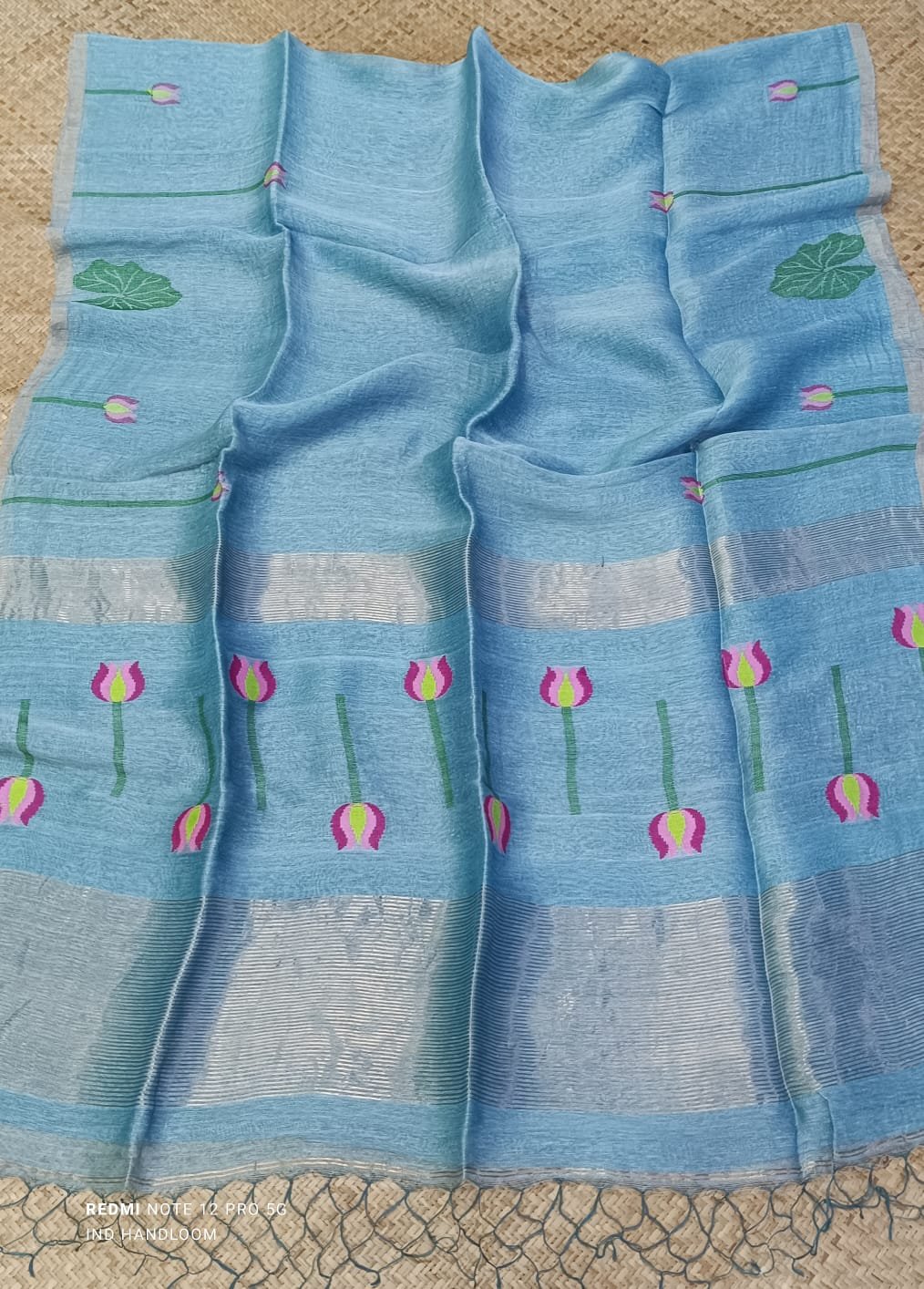 Handloom Silk Linen Saree with Floral Motif & Woven Border - Image 8