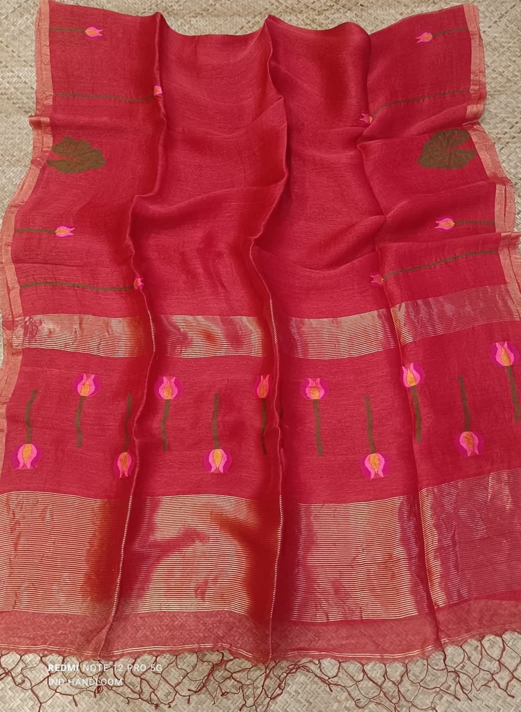 Handloom Silk Linen Saree with Floral Motif & Woven Border - Image 9