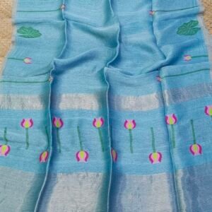 Handloom Silk Linen Saree with Floral & Leaf Motifs
