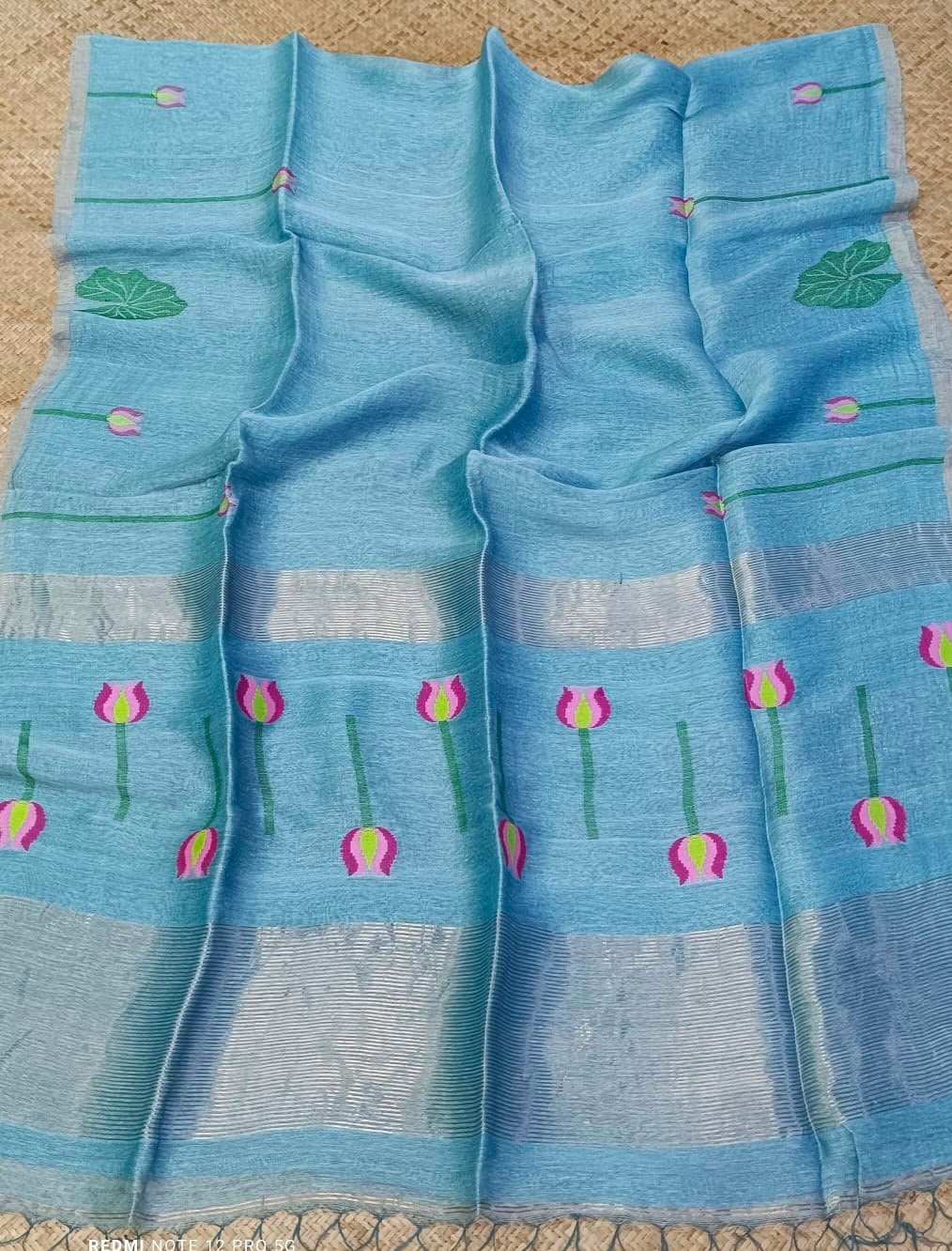 Handloom Silk Linen Saree with Floral & Leaf Motifs