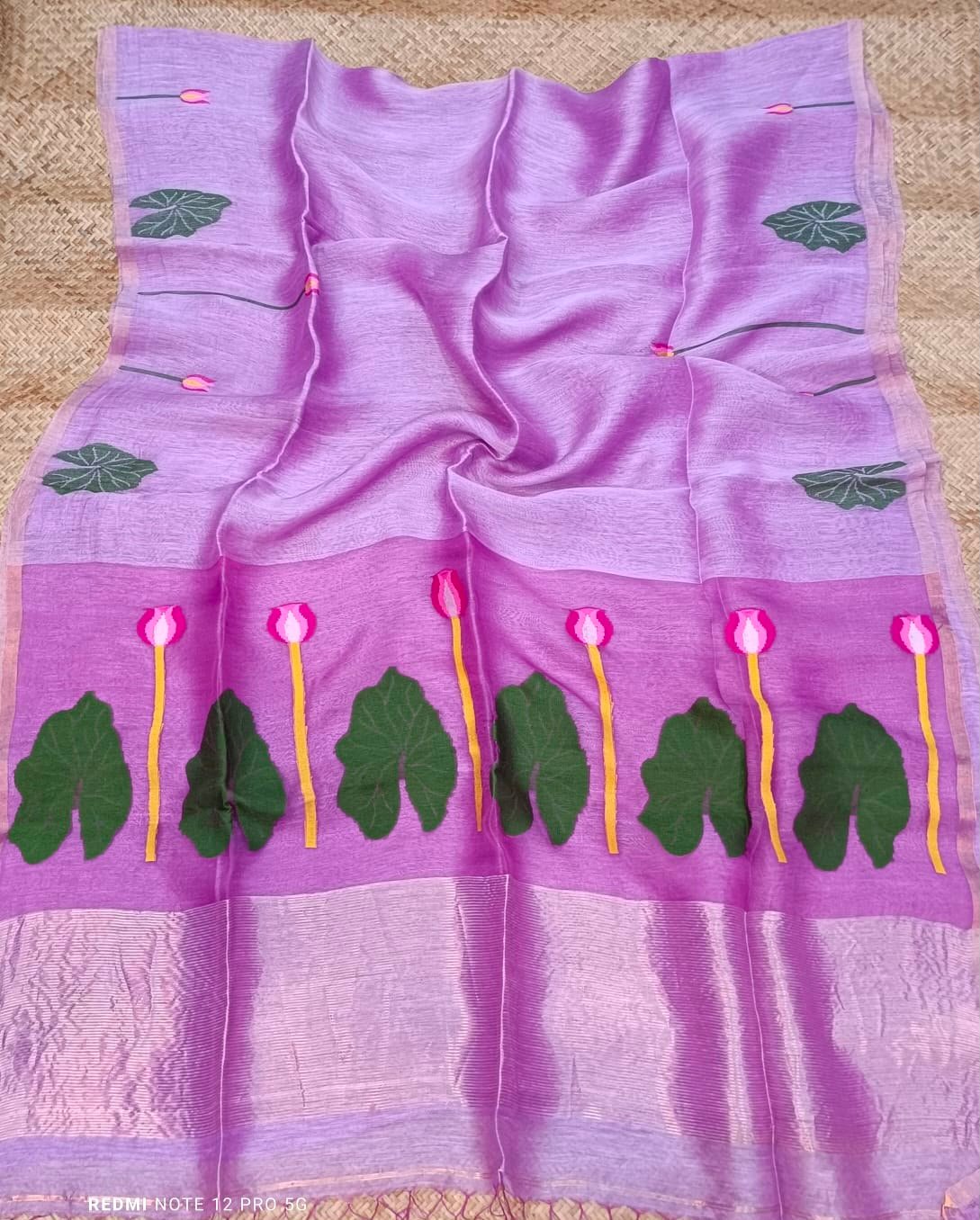 Handloom Silk Linen Saree with Floral & Leaf Motifs - Image 3