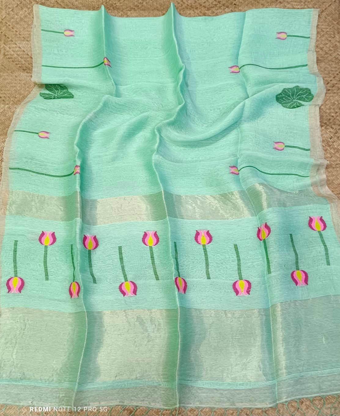 Handloom Silk Linen Saree with Floral & Leaf Motifs - Image 4