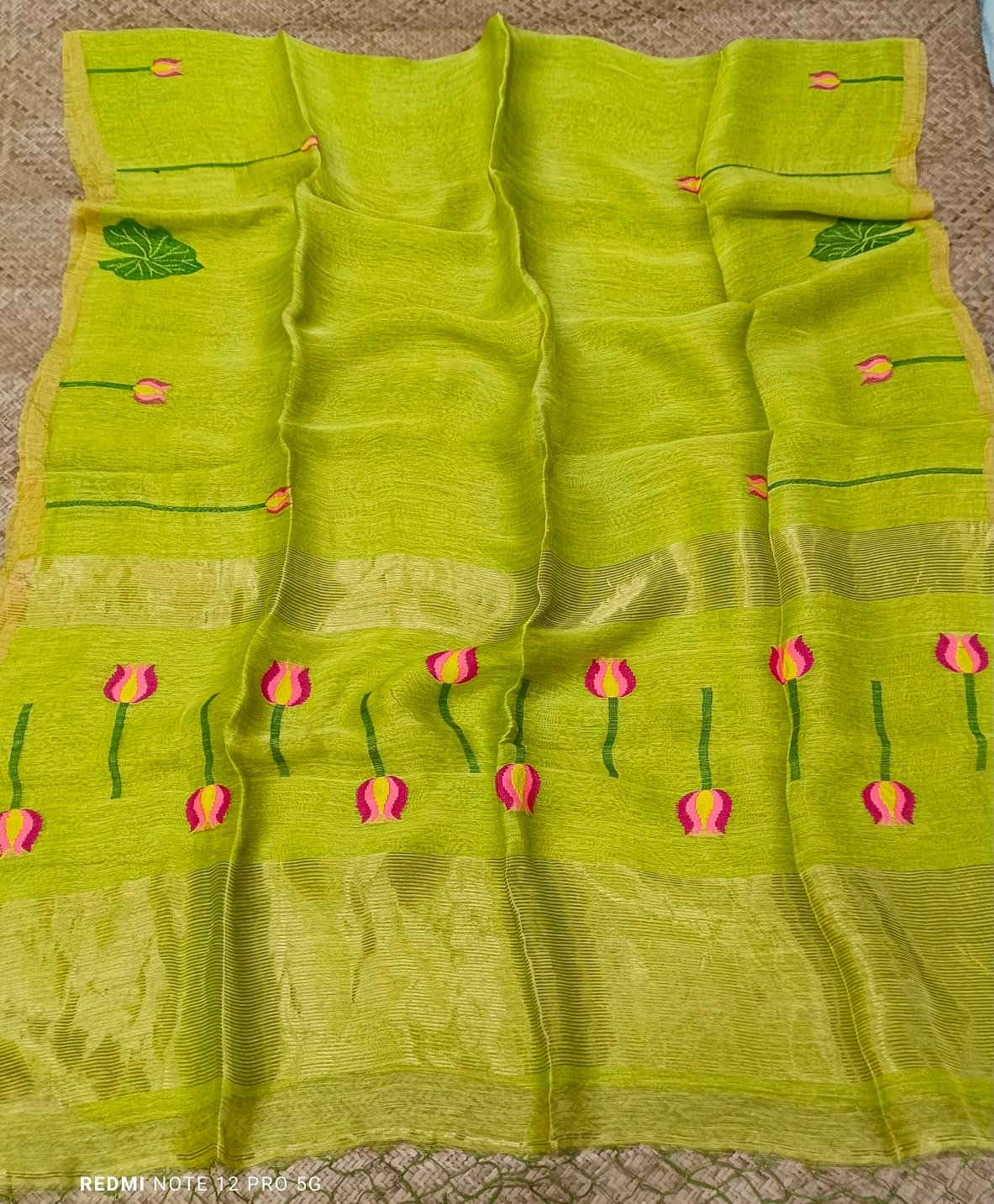 Handloom Silk Linen Saree with Floral & Leaf Motifs - Image 5