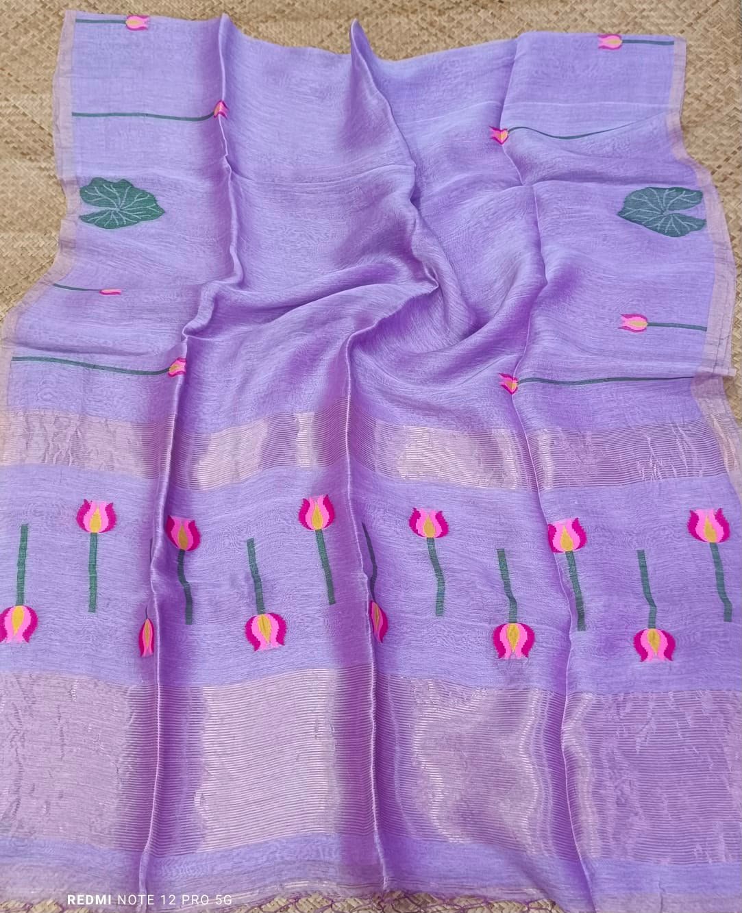 Handloom Silk Linen Saree with Floral & Leaf Motifs - Image 8