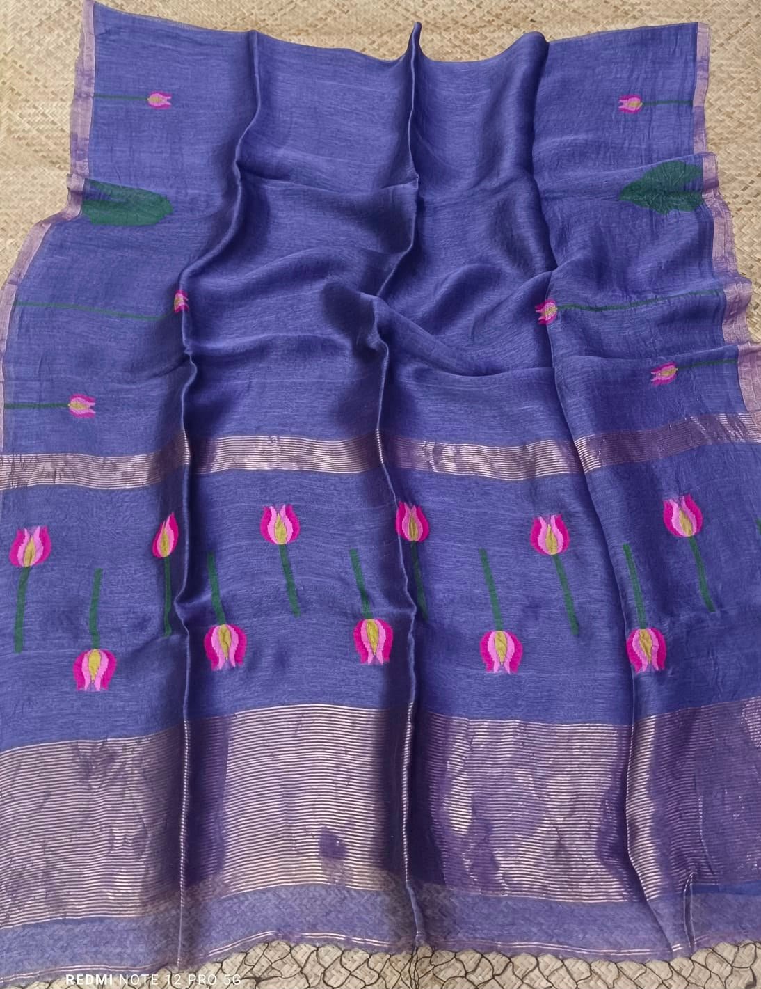 Handloom Silk Linen Saree with Floral & Leaf Motifs - Image 11