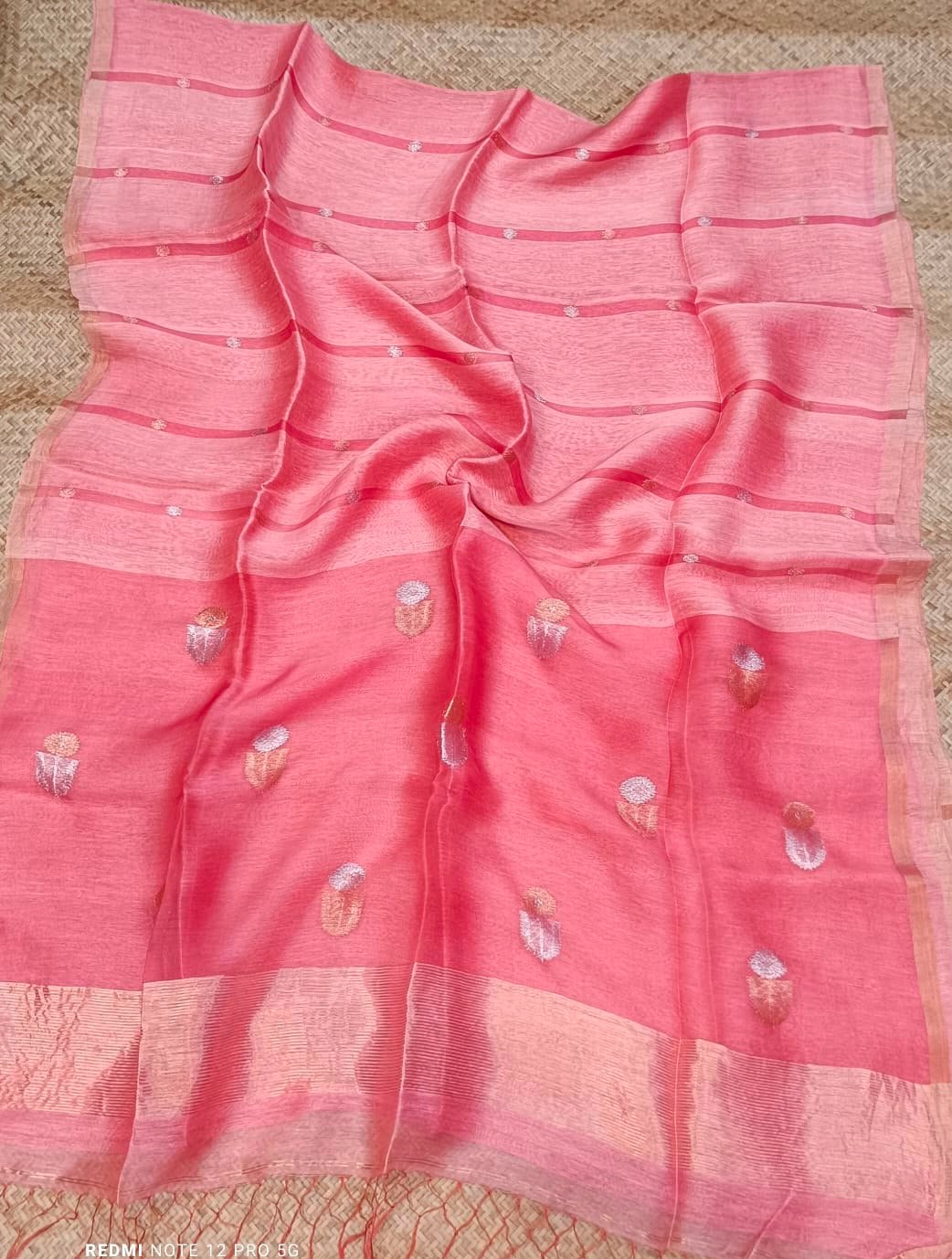 Silk Linen Saree with Muslin stripes & Sona Ripa Zari Butti - Image 3