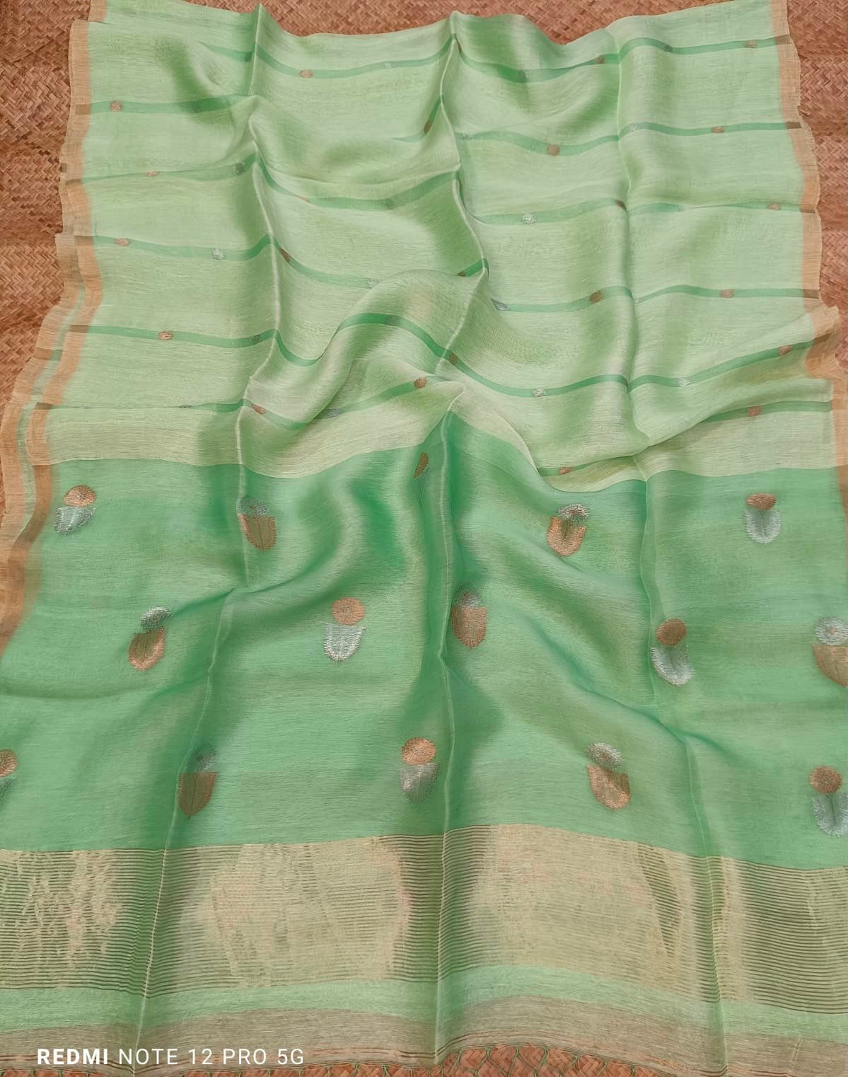 Silk Linen Saree with Muslin stripes & Sona Ripa Zari Butti - Image 4