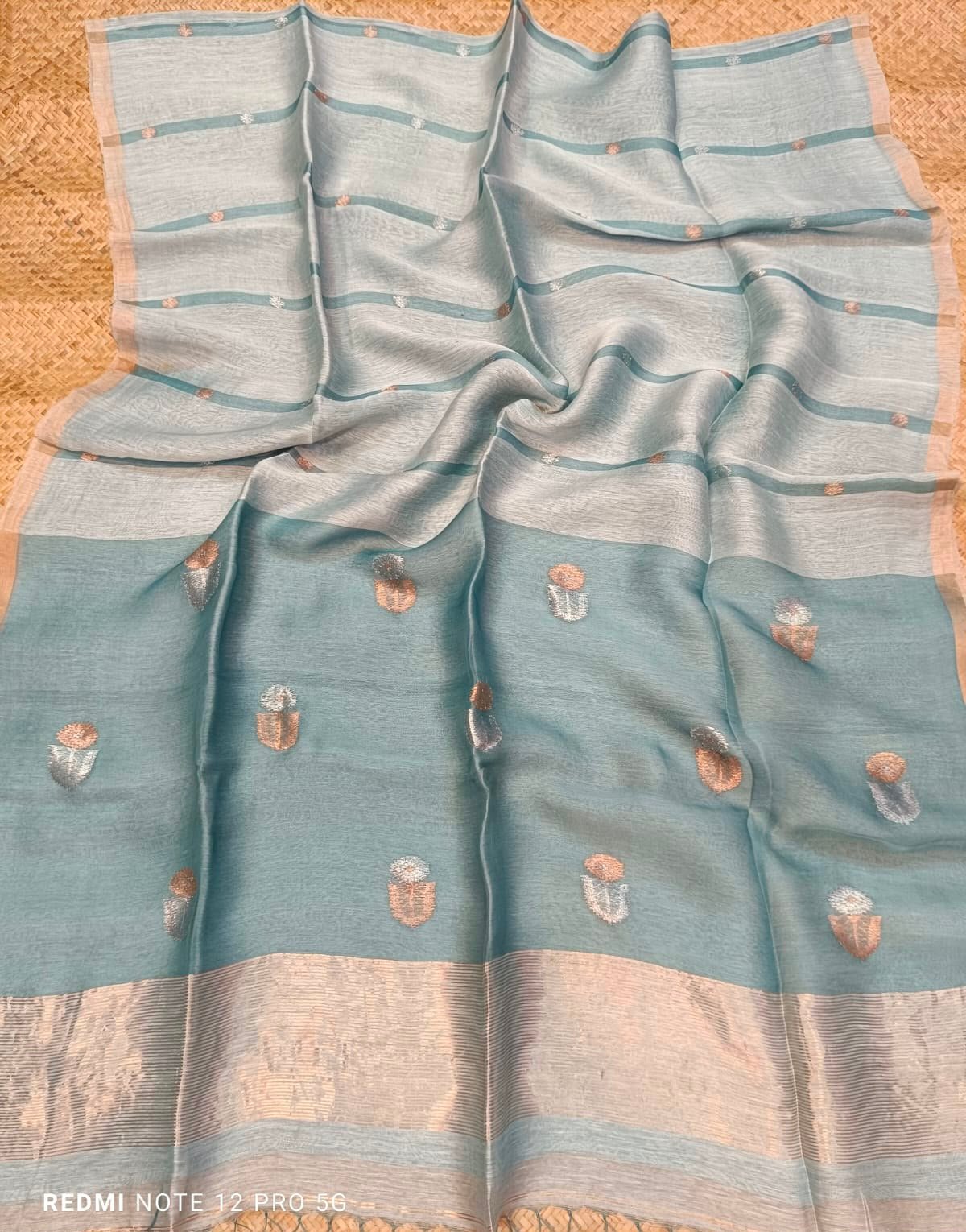 Silk Linen Saree with Muslin stripes & Sona Ripa Zari Butti - Image 5