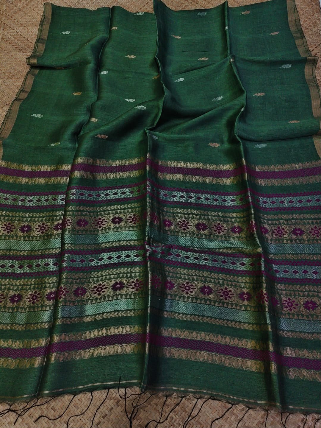 Silk Linen Saree with Zari-Woven Pallu