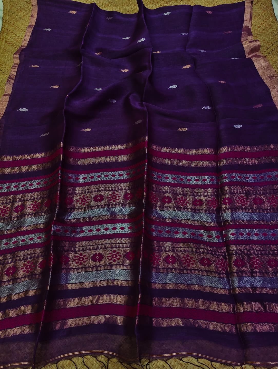 Silk Linen Saree with Zari-Woven Pallu - Image 2