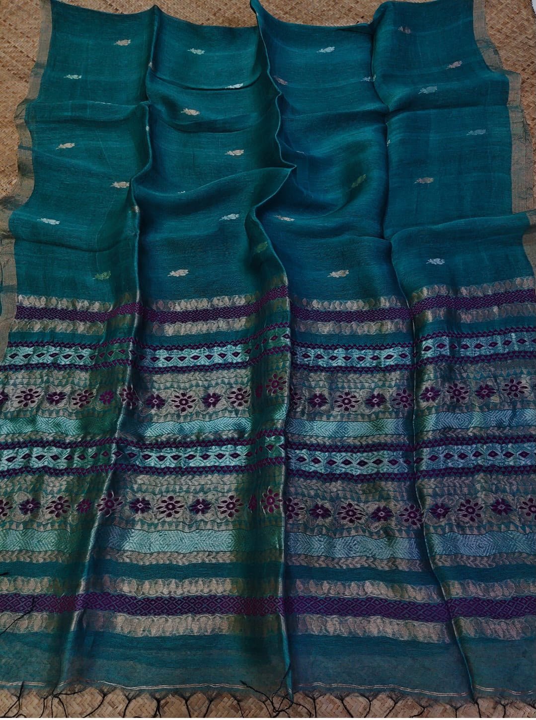 Silk Linen Saree with Zari-Woven Pallu - Image 6