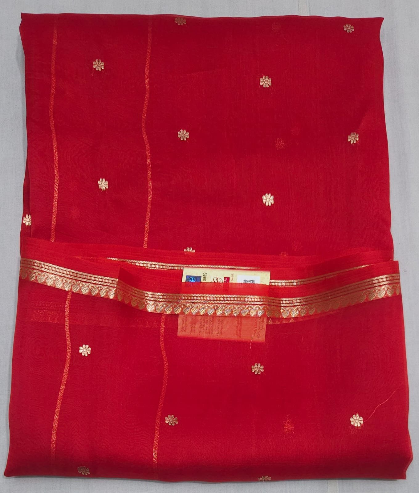 Banarasi Kora Organza Silk Saree with Zari Border in chilli red