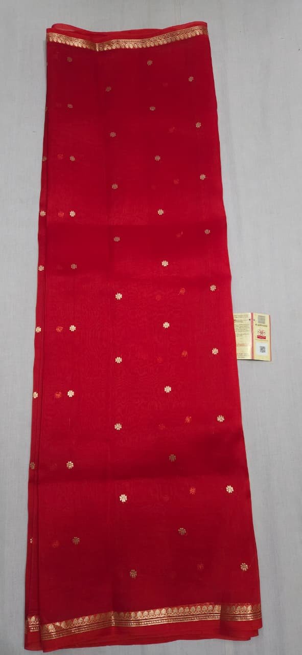 Banarasi Kora Organza Silk Saree with Zari Border in chilli red - Image 2