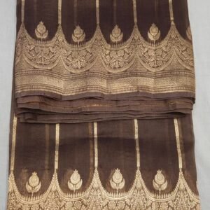 Brown Banarasi Kora Organza Saree with Stripes
