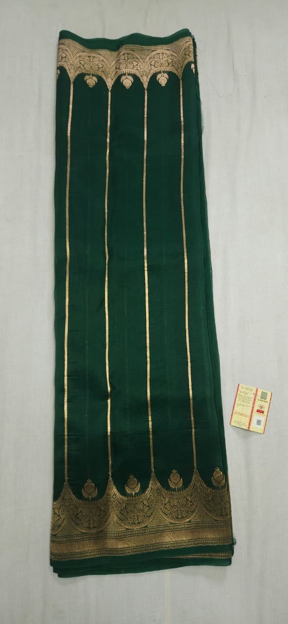 Bottle green Banarasi Kora Organza Saree with Stripes - Image 2