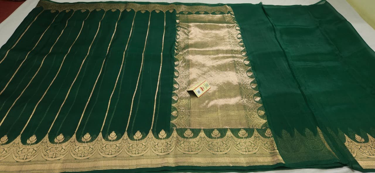 Bottle green Banarasi Kora Organza Saree with Stripes - Image 3