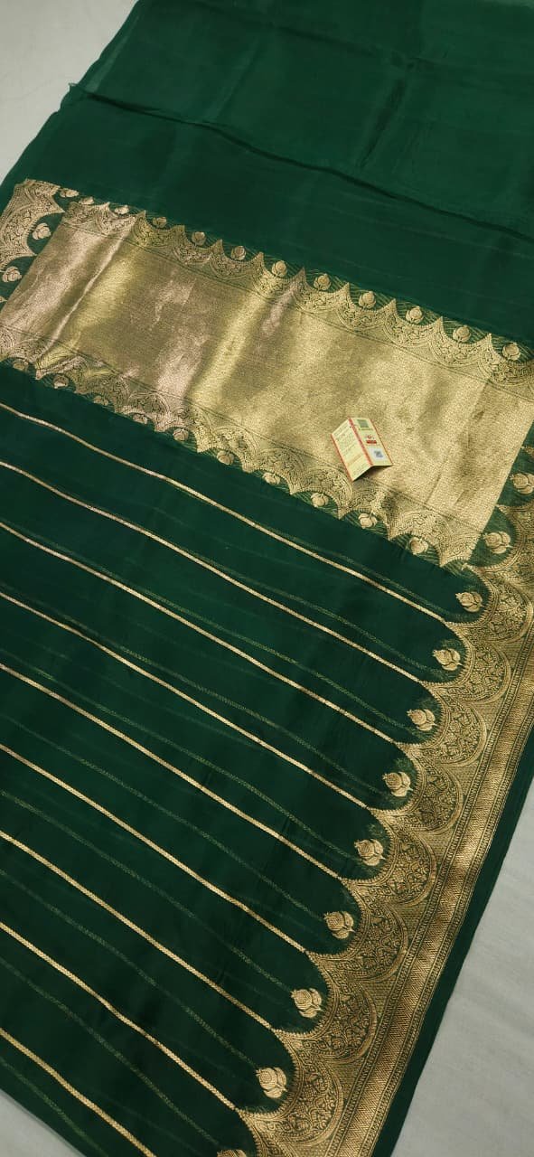 Bottle green Banarasi Kora Organza Saree with Stripes - Image 4