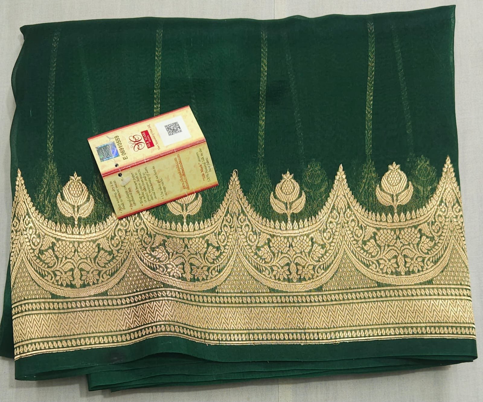 Bottle green Banarasi Kora Organza Saree with Stripes